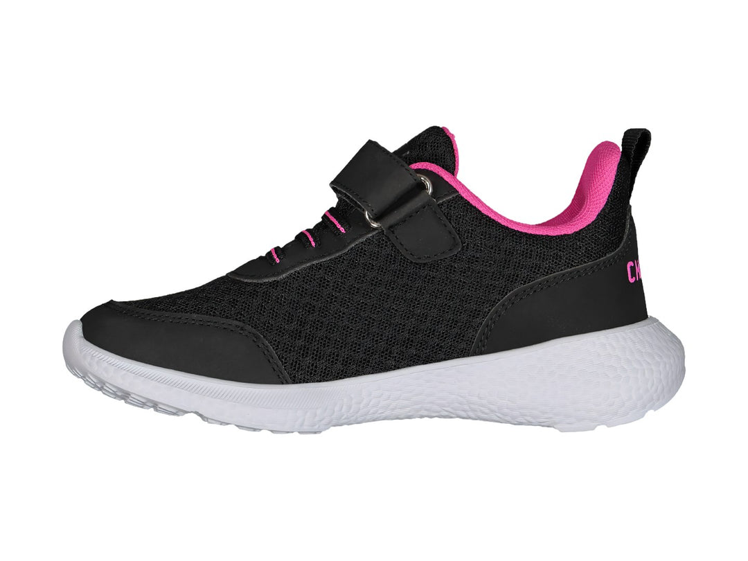 Tenis deportivos Charly color negro con suela blanca y detalles en rosa, cierre de velcro.