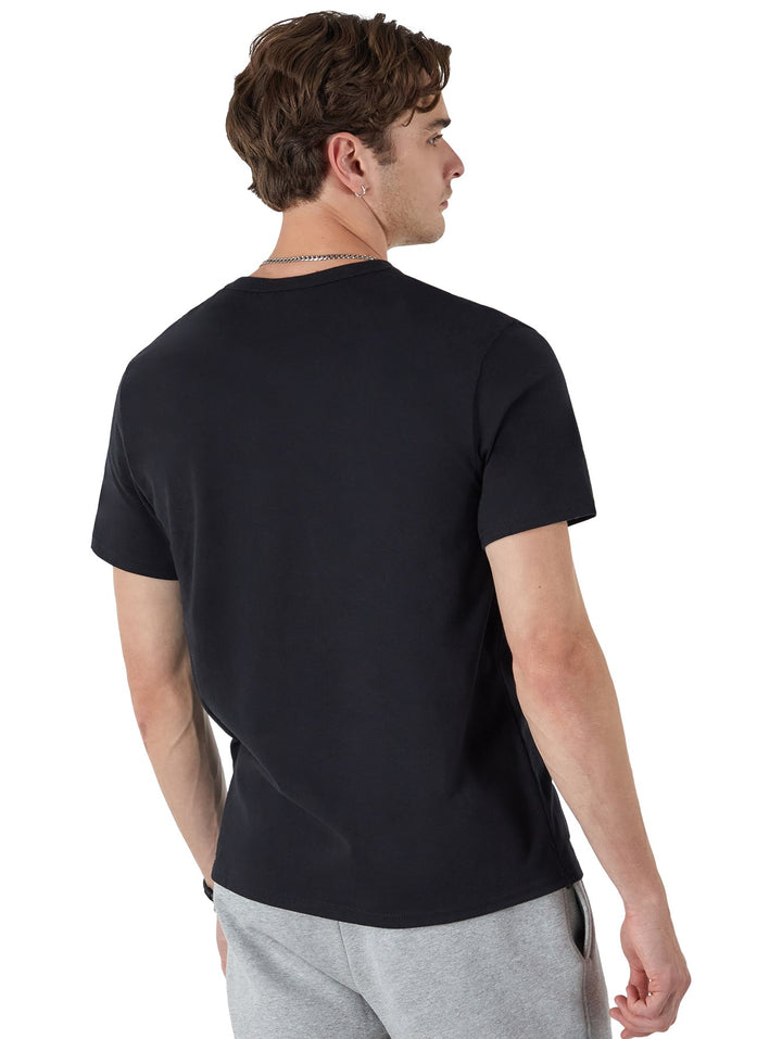 Camiseta negra de manga corta Champion con estampado frontal de paisaje natural y ciervos.