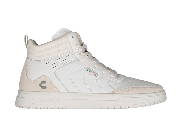 Tenis tipo botín marca Charly en color blanco con detalles beige y suela blanca.