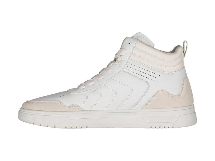 Tenis tipo botín marca Charly en color blanco con detalles beige y suela blanca.