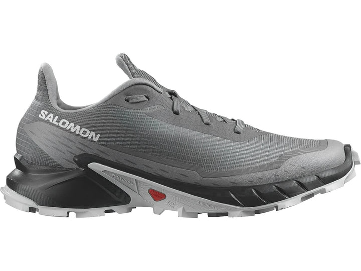 Tenis deportivos Salomon Alphacross 5 en color gris y negro con suela diseñada para terreno irregular.
