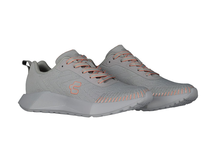 Tenis deportivos Charly color gris con detalles en coral y suela gris.