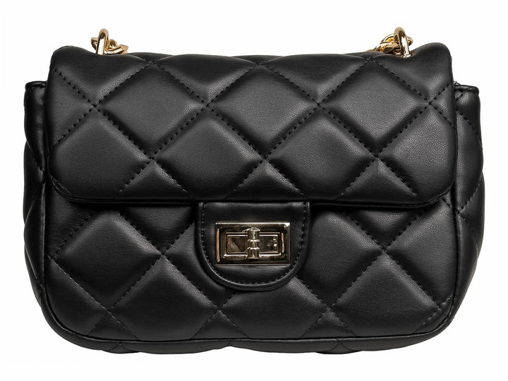 Bolsa negra acolchada con cadena dorada y cierre metálico frontal.
