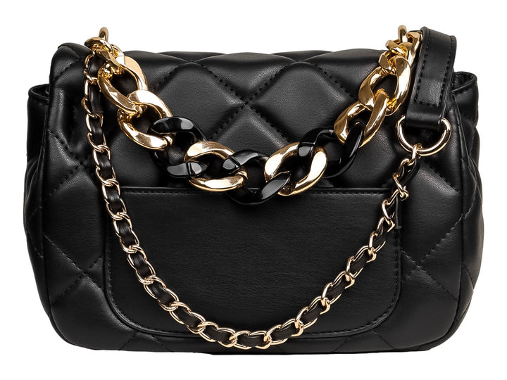Bolsa negra acolchada con cadena dorada y cierre metálico frontal.