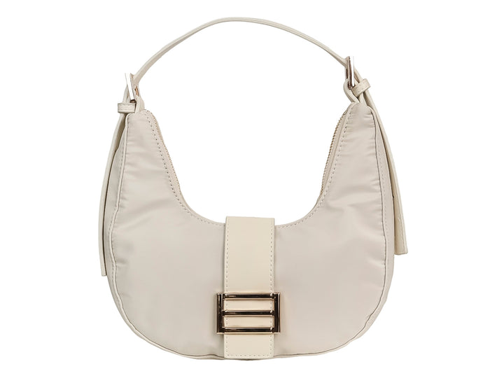 Bolsa de hombro color blanco con asa delgada y hebilla metálica dorada en el centro.
