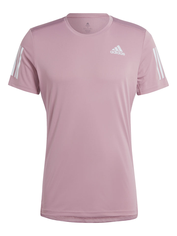 Camiseta deportiva Adidas de color morado claro con cuello redondo y manga corta.