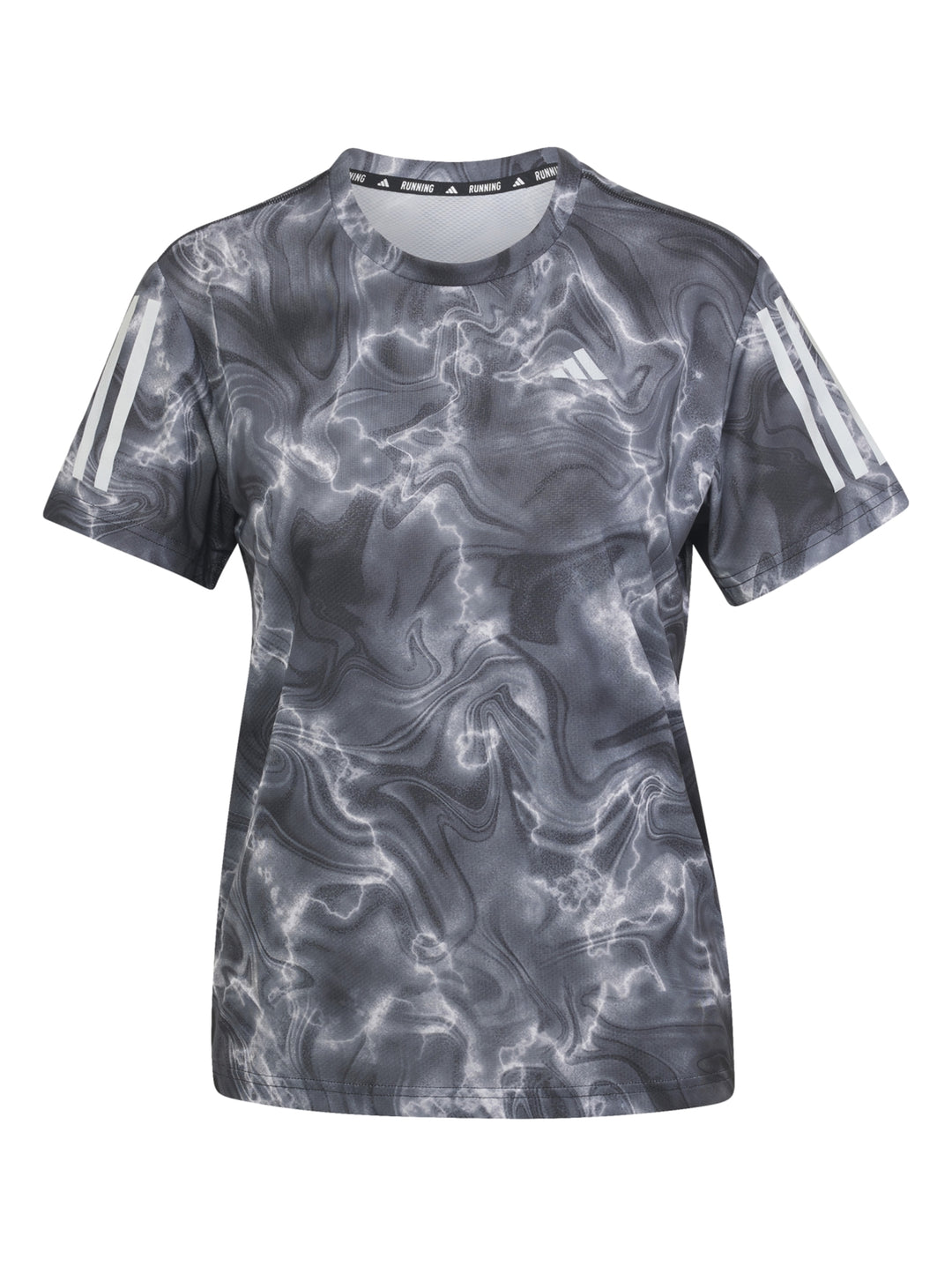 Camiseta deportiva Adidas de manga corta con estampado marmoleado en colores blanco, negro y gris.