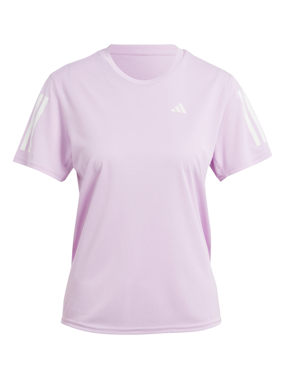 Mujer vistiendo camiseta deportiva Adidas color lila con detalles blancos en las mangas.
