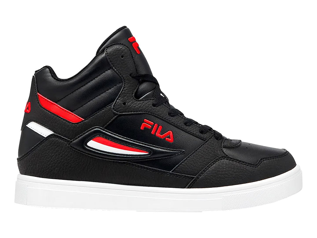 Tenis FILA de bota alta en color negro con detalles en rojo y blanco y suela blanca.