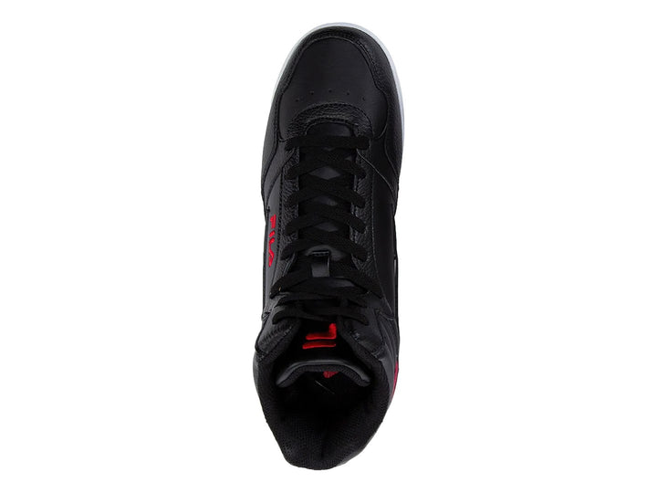 Tenis FILA de bota alta en color negro con detalles en rojo y blanco y suela blanca.