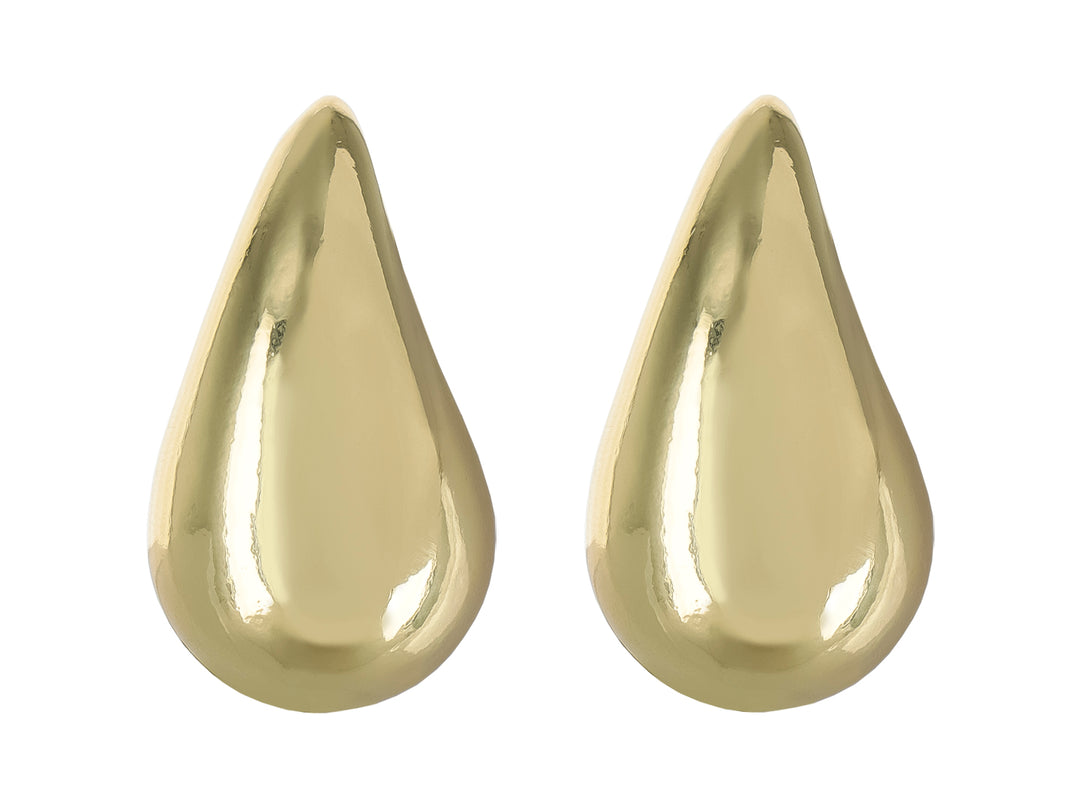 Par de pendientes dorados en forma de gota con acabado brillante y superficie lisa.