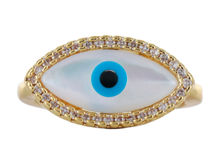 Anillo dorado con diseño de ojo turco en blanco y azul, rodeado de pequeñas piedras brillantes.