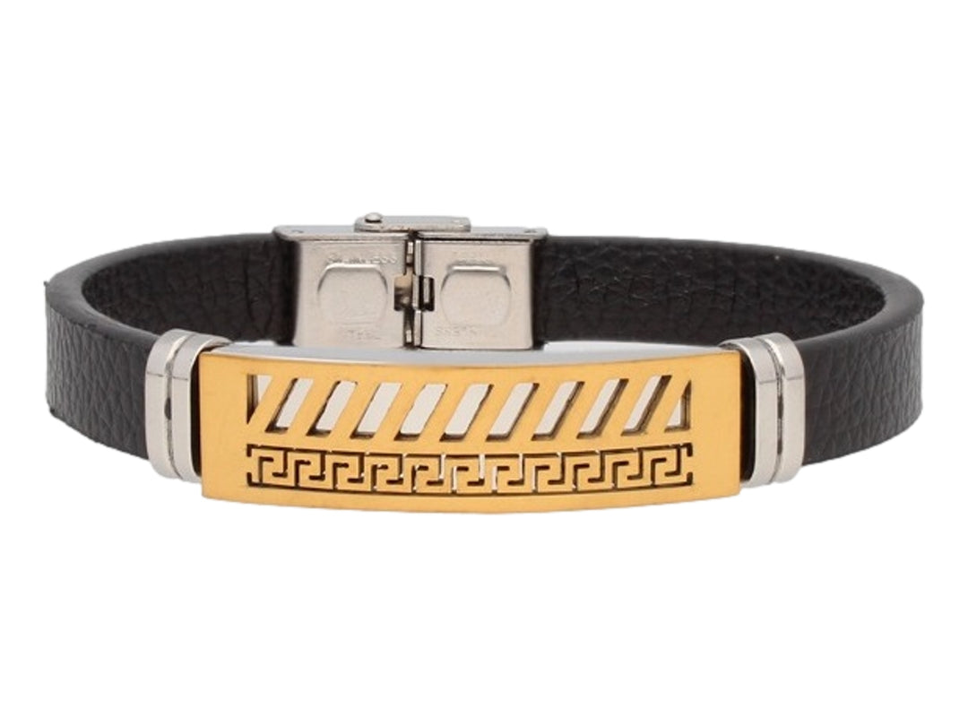 Pulsera de cuero negro con placa central dorada y plateada con diseño geométrico calado.