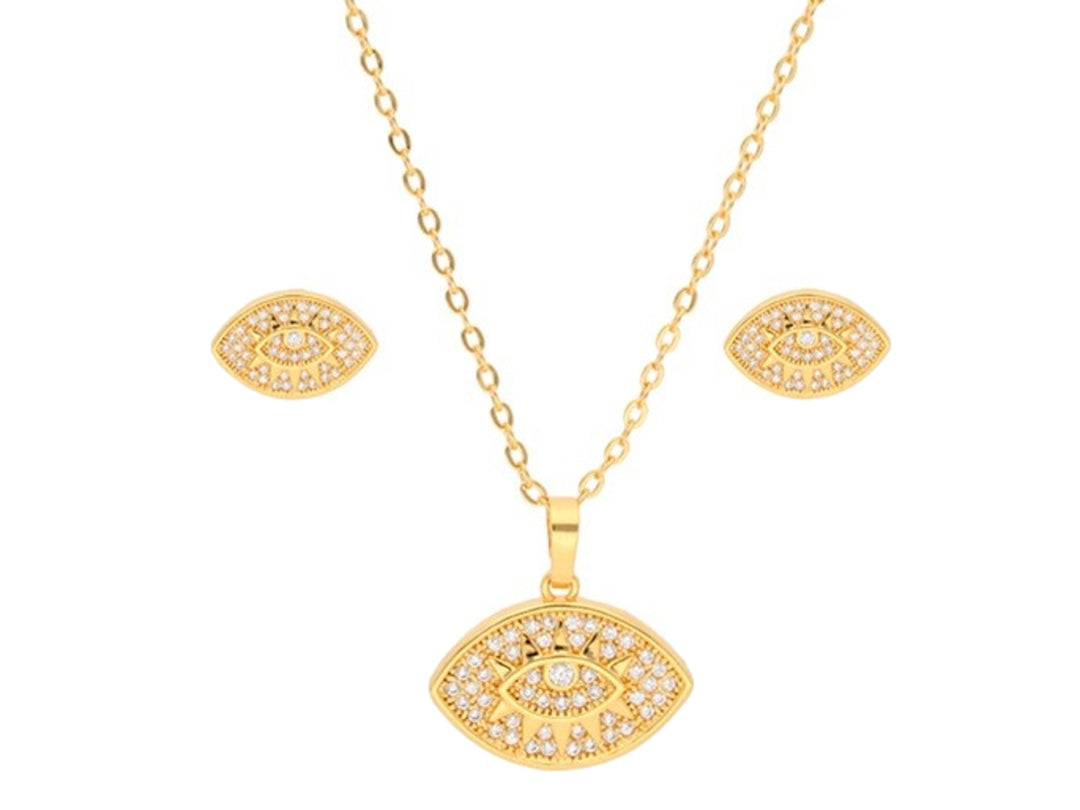 Set de joyería dorado compuesto por un collar y aretes con dije en forma de ojo adornado con brillantes.