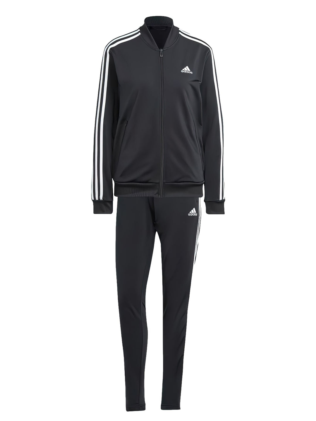 Conjunto deportivo Adidas negro con tres rayas blancas laterales, compuesto por chaqueta y pantalón.