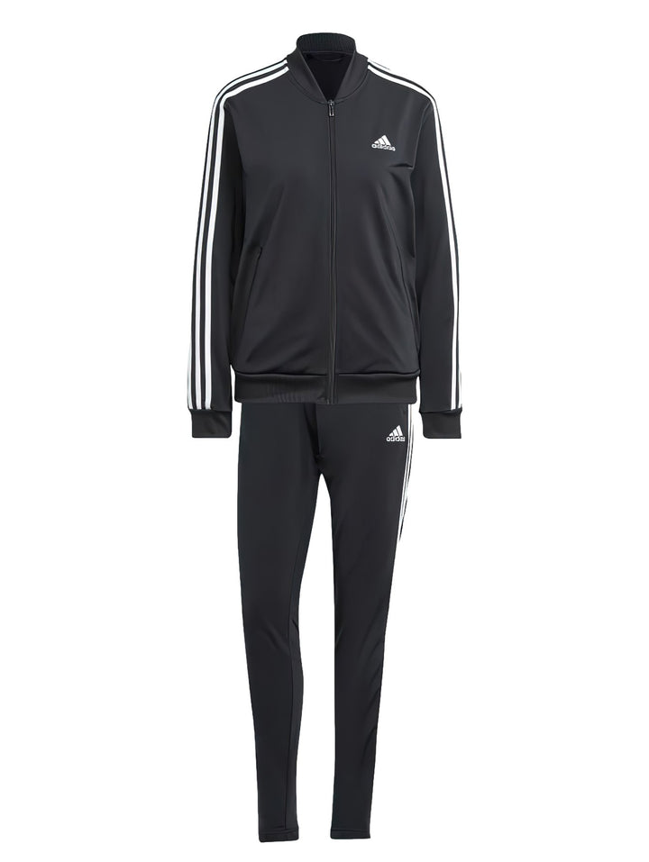 Conjunto deportivo Adidas negro con tres rayas blancas laterales, compuesto por chaqueta y pantalón.