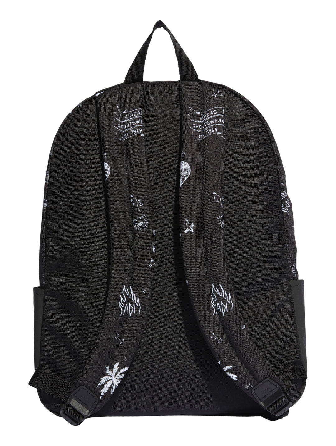Mochila Adidas color negro con estampados gráficos en blanco, bolsillo frontal y asa superior.