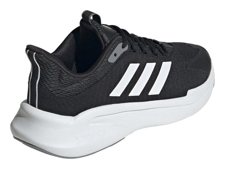 Tenis deportivos Adidas color negro con tres franjas blancas y suela blanca.