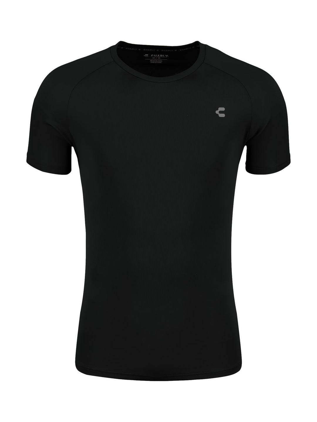 Camiseta deportiva de manga corta color negro con logotipo pequeño en el pecho.