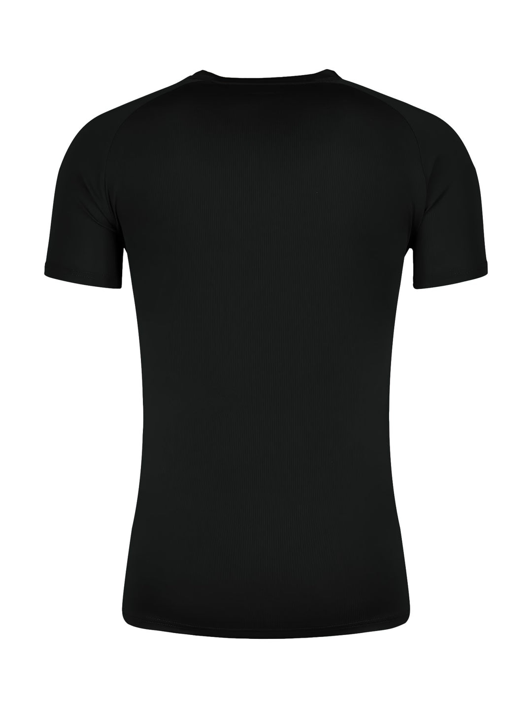 Camiseta deportiva de manga corta color negro con logotipo pequeño en el pecho.