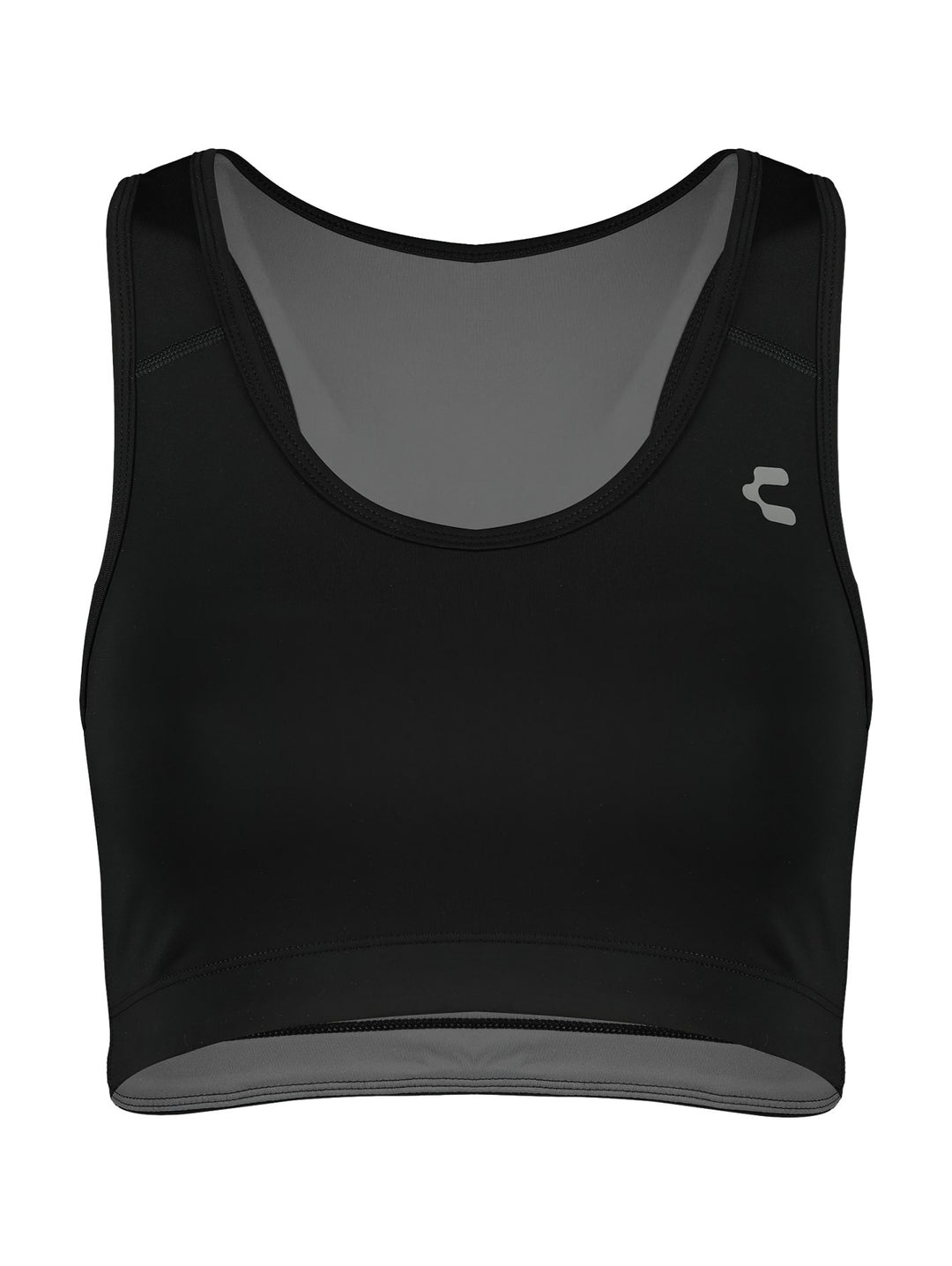 Top deportivo corto color negro con detalle gris en la base y logotipo blanco en el pecho.