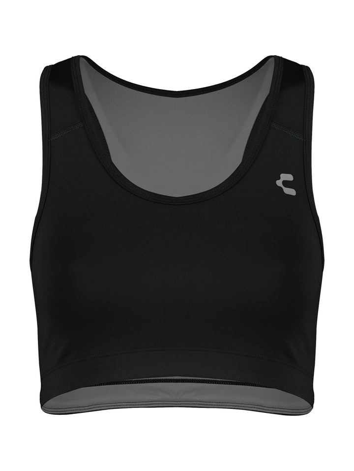Top deportivo corto color negro con detalle gris en la base y logotipo blanco en el pecho.