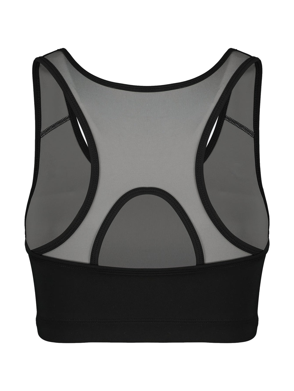 Top deportivo corto color negro con detalle gris en la base y logotipo blanco en el pecho.