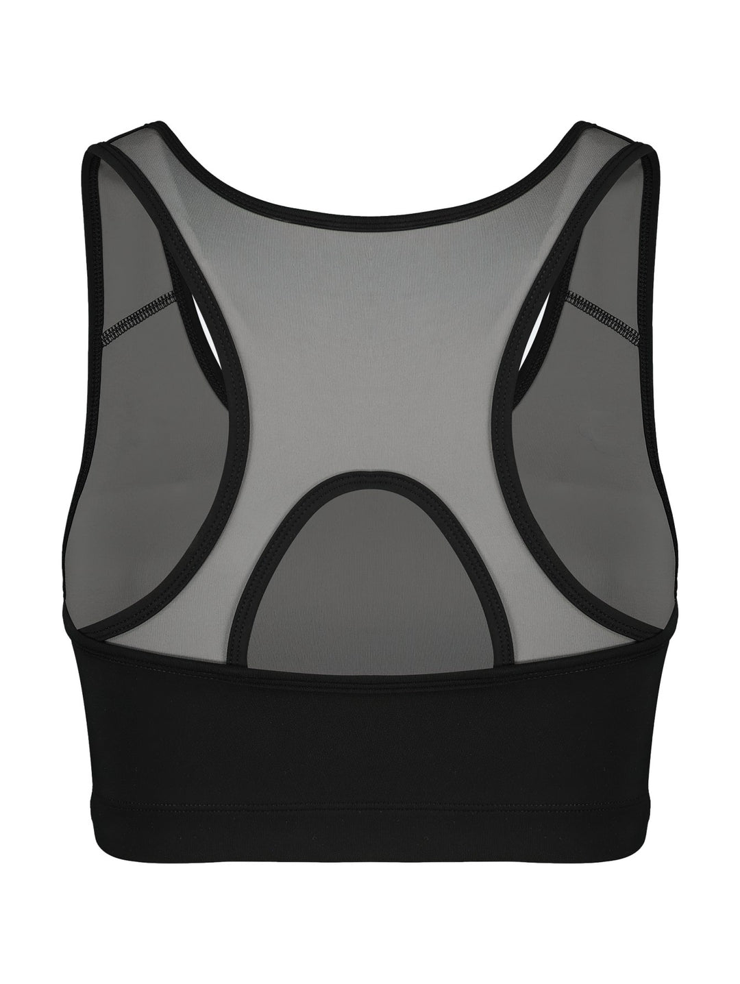 Top deportivo corto color negro con detalle gris en la base y logotipo blanco en el pecho.