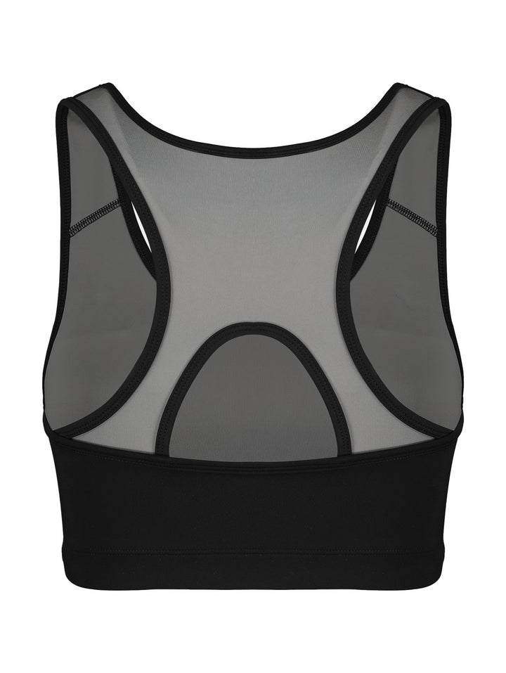 Top deportivo corto color negro con detalle gris en la base y logotipo blanco en el pecho.