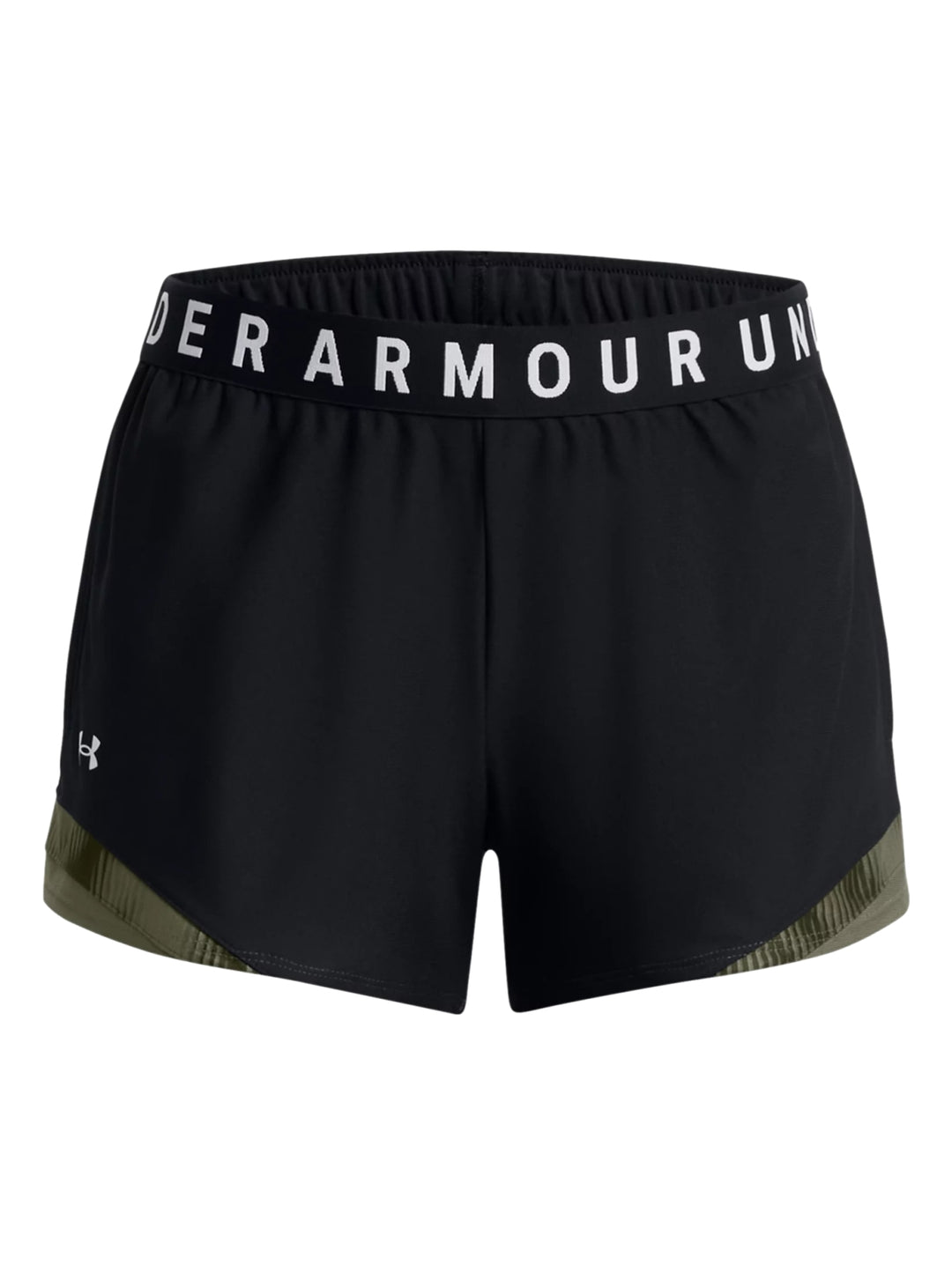 Shorts deportivos Under Armour color negro con detalles laterales en verde oliva y banda elástica blanca.