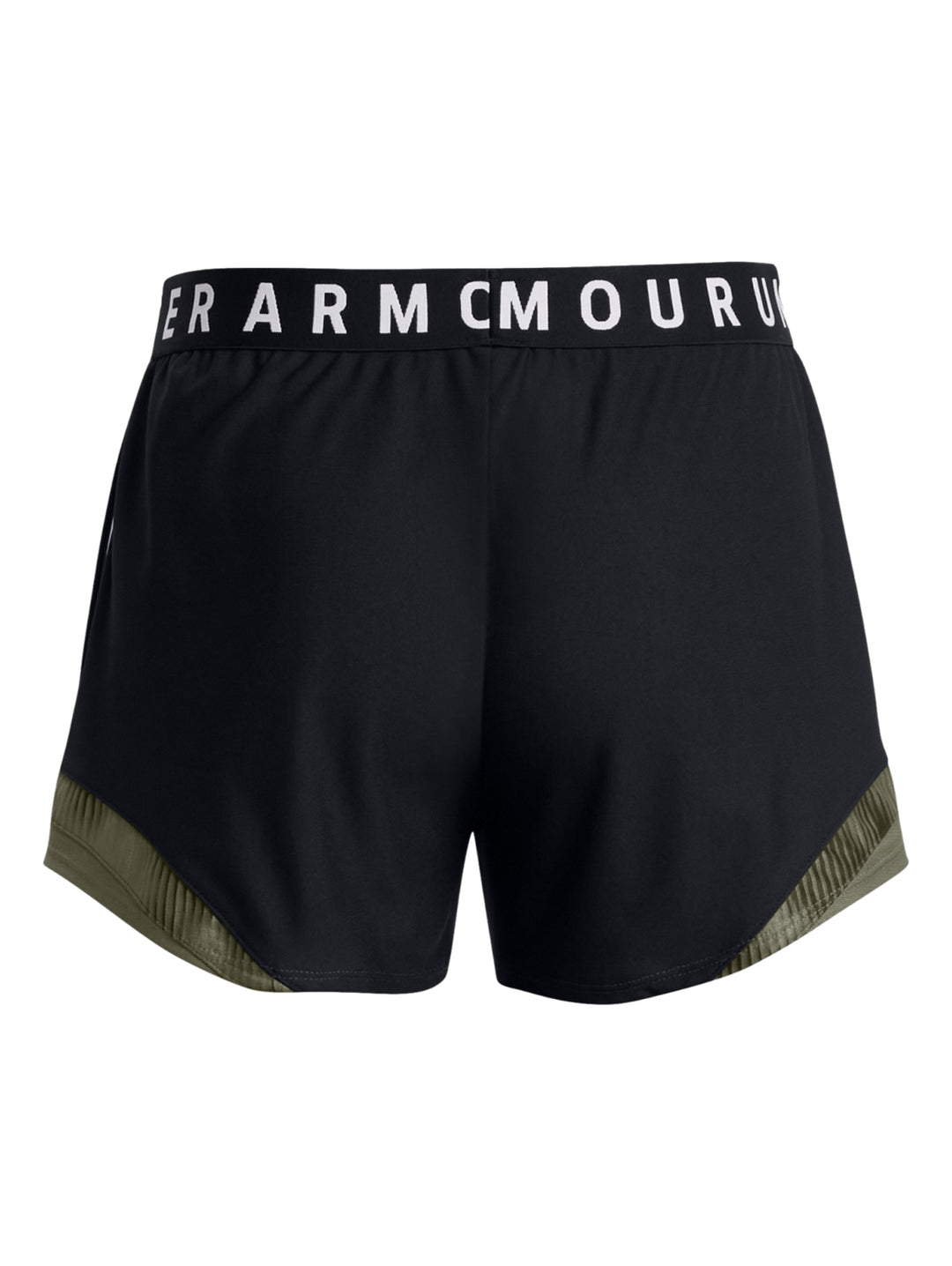 Shorts deportivos Under Armour color negro con detalles laterales en verde oliva y banda elástica blanca.