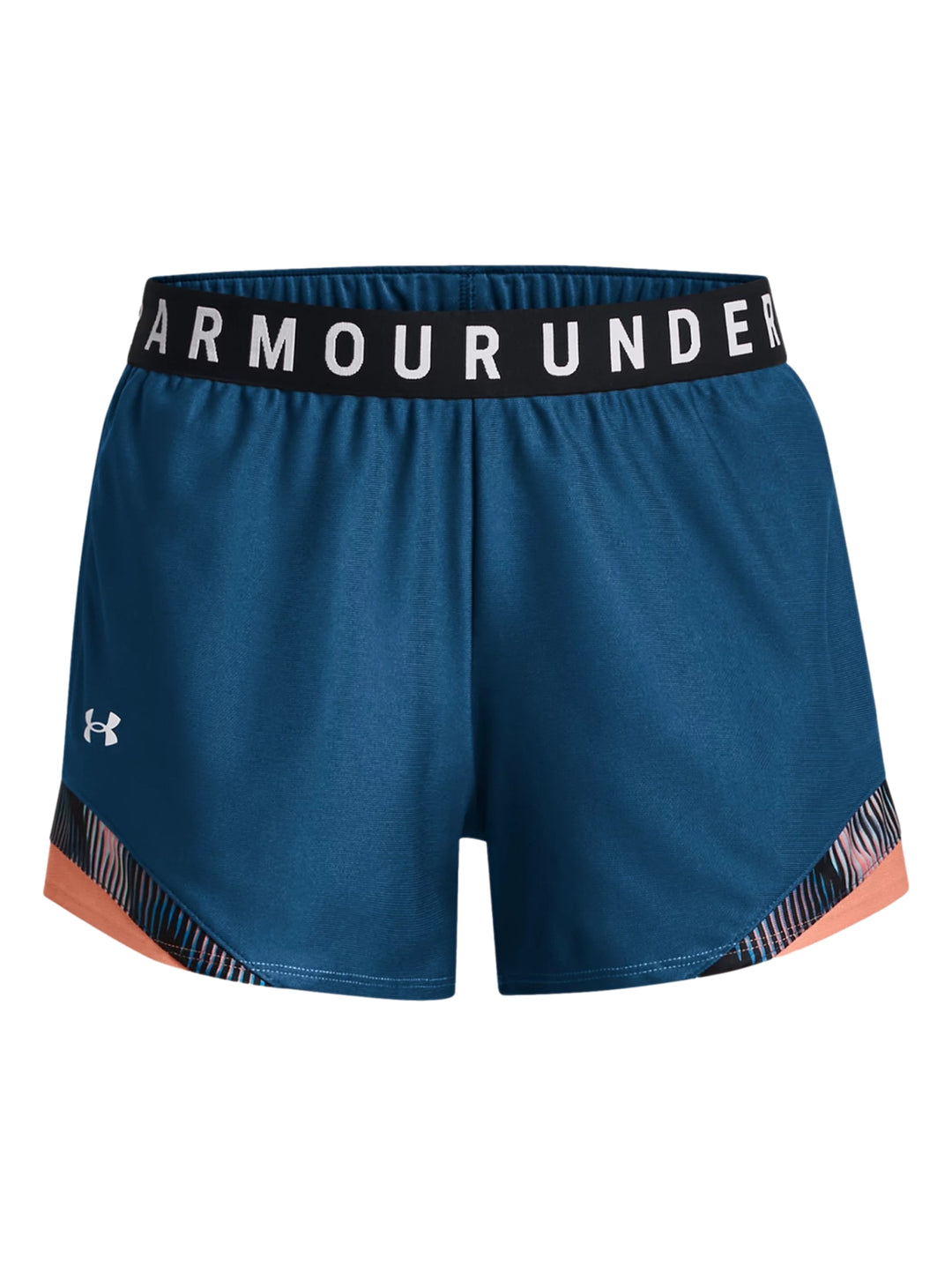 Shorts deportivos Under Armour color azul con detalles en durazno y banda elástica blanca en la cintura.
