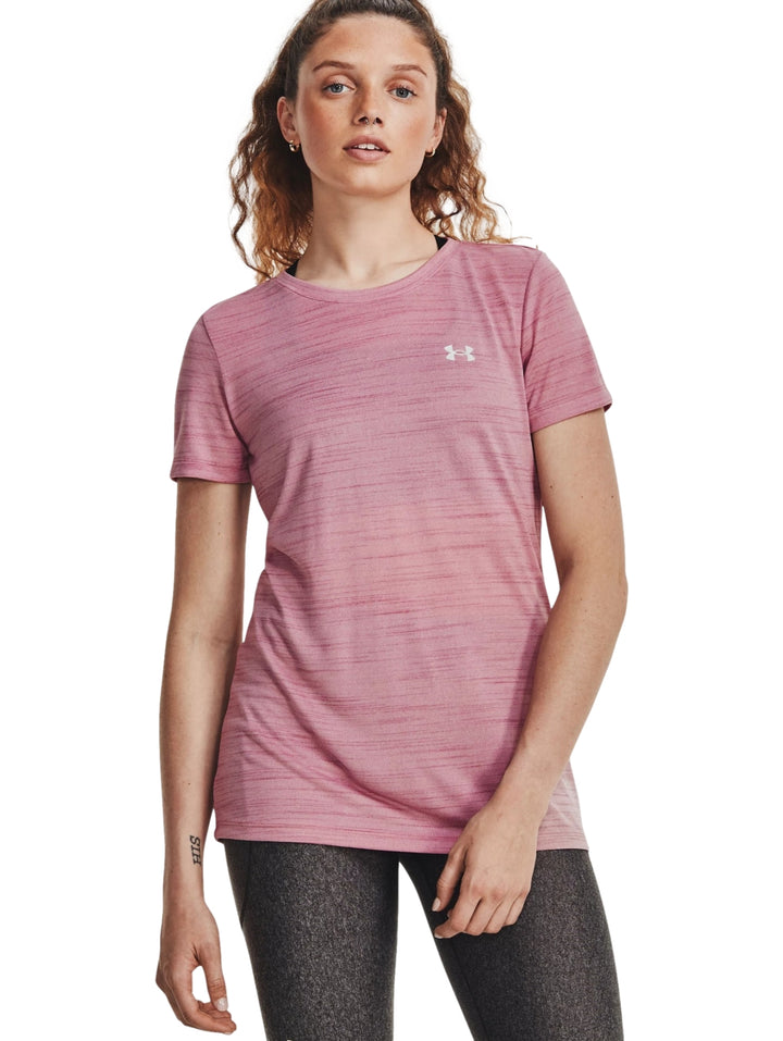 Playera deportiva de manga corta color rosa jaspeado con logotipo de Under Armour.