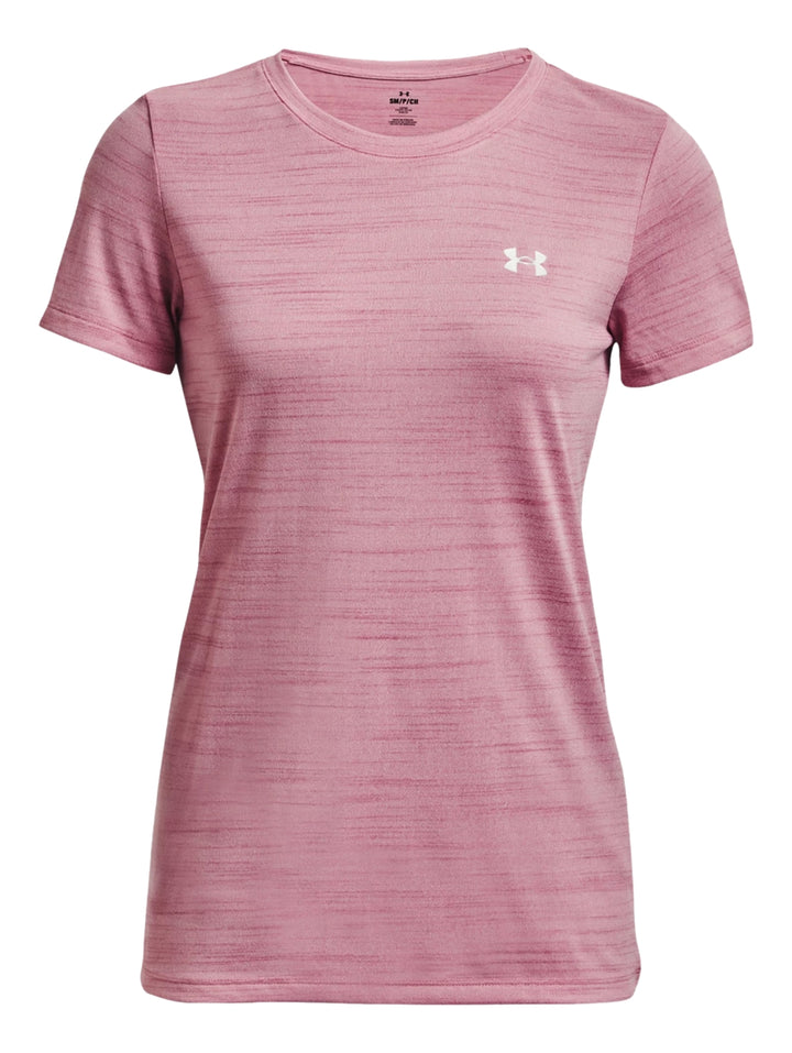 Playera deportiva de manga corta color rosa jaspeado con logotipo de Under Armour.