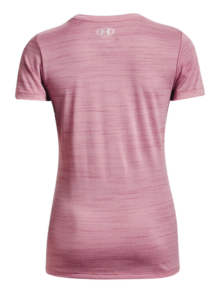 Playera deportiva de manga corta color rosa jaspeado con logotipo de Under Armour.