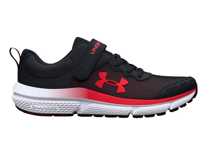 Tenis deportivos Under Armour color negro con logo rojo y suela blanca con degradado rojo.
