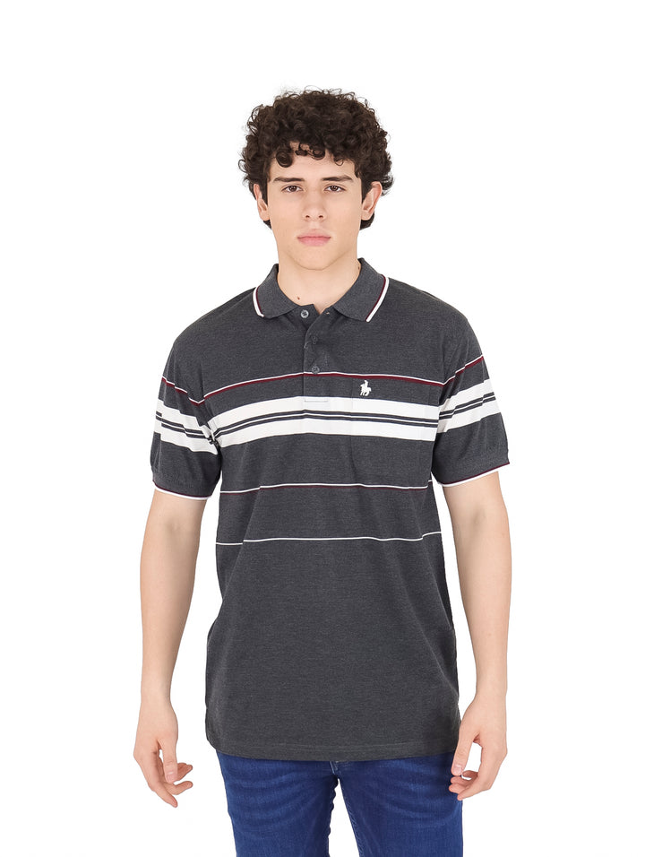 Hombre vistiendo playera polo color gris oscuro con rayas horizontales blancas y rojas en el pecho.