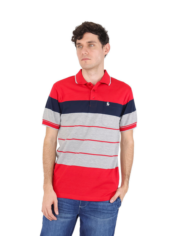 Playera polo para hombre Palm Beach en colores rojo, gris y azul marino con diseño de rayas horizontales.