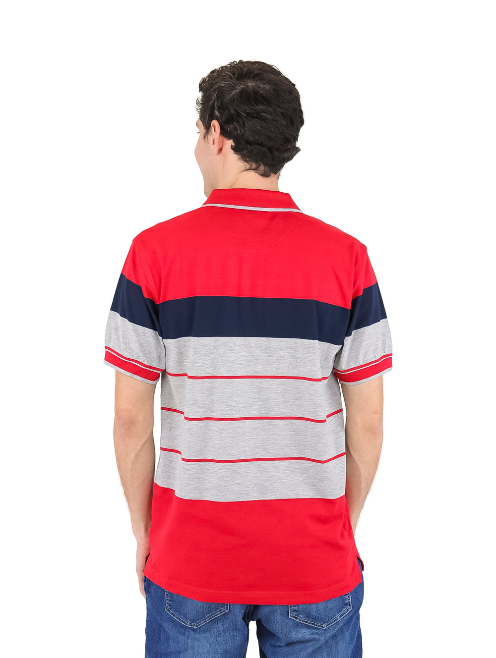 Playera polo para hombre Palm Beach en colores rojo, gris y azul marino con diseño de rayas horizontales.