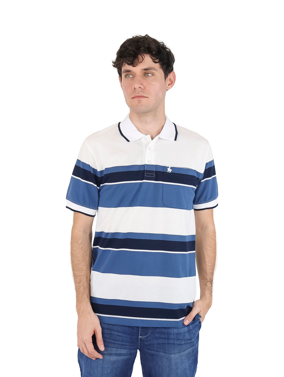 Playera polo de manga corta con rayas horizontales en colores blanco, azul marino y azul.