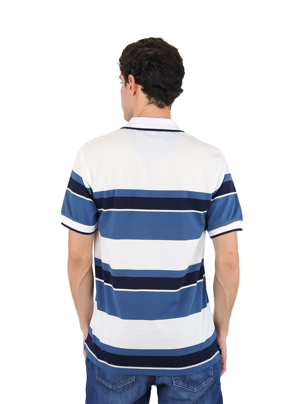 Playera polo de manga corta con rayas horizontales en colores blanco, azul marino y azul.