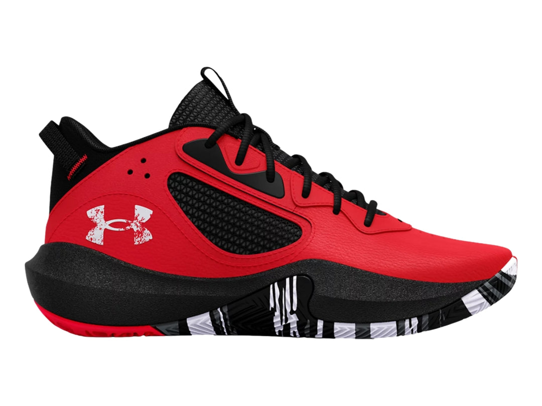Tenis de baloncesto Under Armour Lockdown 6 en colores rojo, negro y blanco.