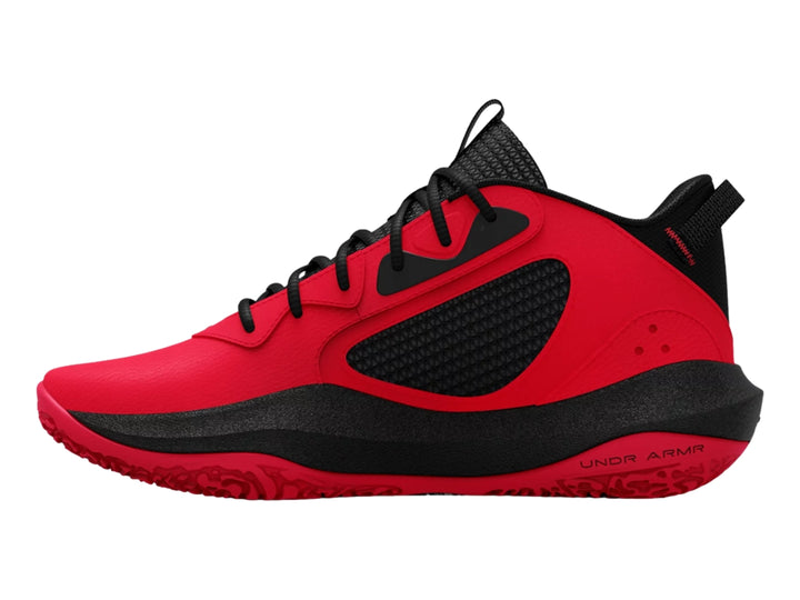 Tenis de baloncesto Under Armour Lockdown 6 en colores rojo, negro y blanco.