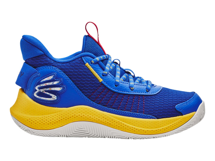 Tenis de baloncesto Under Armour Curry 3Z7 en colores azul y amarillo con logo de Golden State Warriors.