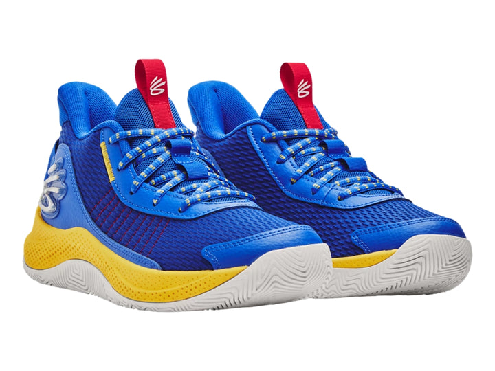 Tenis de baloncesto Under Armour Curry 3Z7 en colores azul y amarillo con logo de Golden State Warriors.