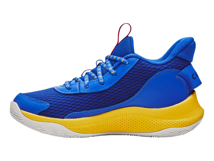 Tenis de baloncesto Under Armour Curry 3Z7 en colores azul y amarillo con logo de Golden State Warriors.