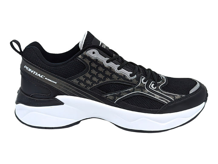 Tenis deportivos Pontiac AXL en color negro con detalles grises y suela blanca gruesa.