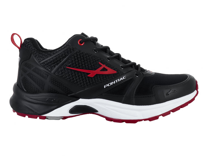 Tenis deportivos Pontiac AXL en color negro con detalles en rojo y suela blanca.