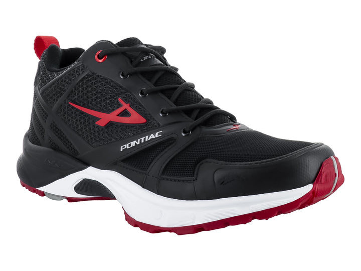 Tenis deportivos Pontiac AXL en color negro con detalles en rojo y suela blanca.