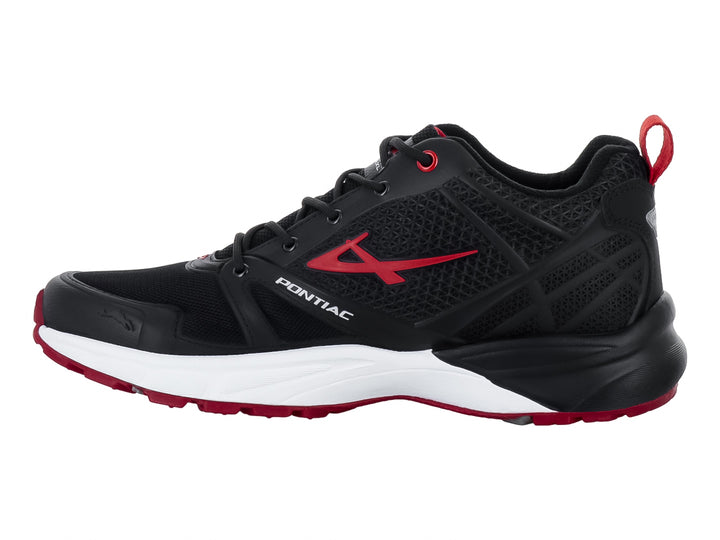 Tenis deportivos Pontiac AXL en color negro con detalles en rojo y suela blanca.